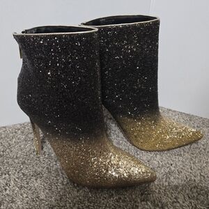 Black & Gold Glitter Sparkly Heeled Boots, Side Zip, Size 8.5, New Without Tags
